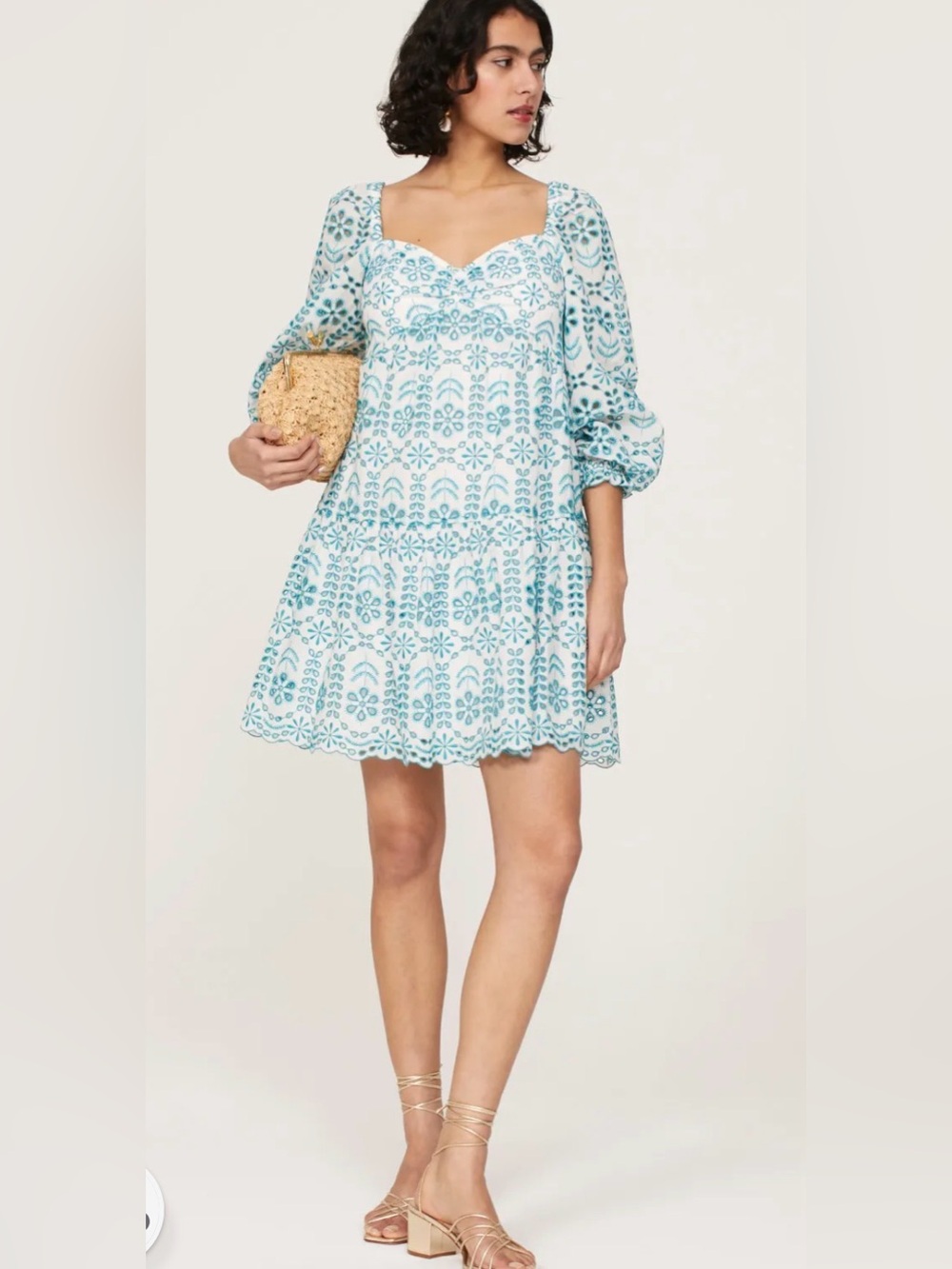 Shoshanna Julietta Embroideres Teal Blue Floral Eyelet Mini Dress Balloon Sleeve